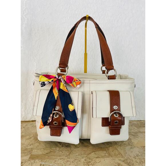 Coach LARGE F06468 WHITE/brown Leather Soho Double Front Pocket Shoulder Bag - Picture 1 of 10